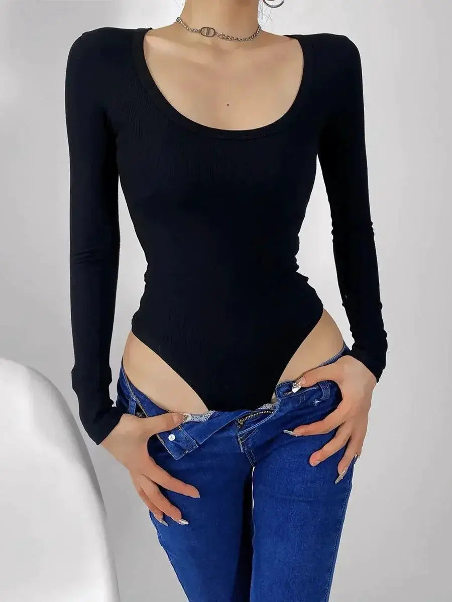 Siamese Fit Long Sleeve U Neck Top Modern Autumn Chic