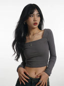 Square Neckline Long Sleeve Tee Urban Chic Fashion Statement