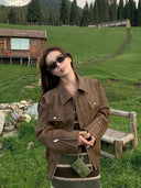 Retro Brown Distressed Leather Motorcycle Coat Street-Style Chic