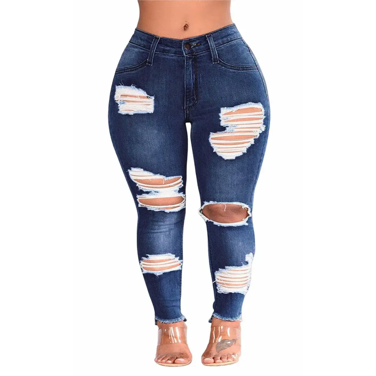 L To 5XL Plus Size Stretch Ripped Jeans High Rise Denim
