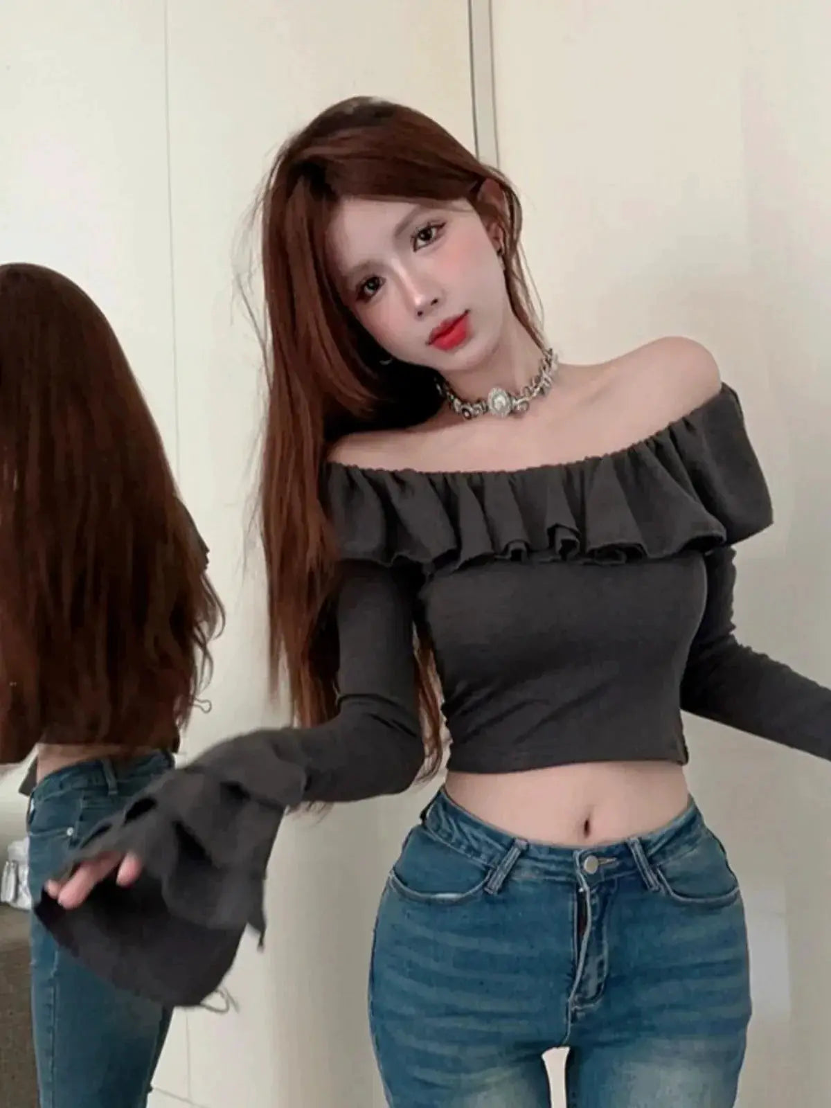 Elegant Off The Shoulder Long Sleeve Shirt For Fall Fashion