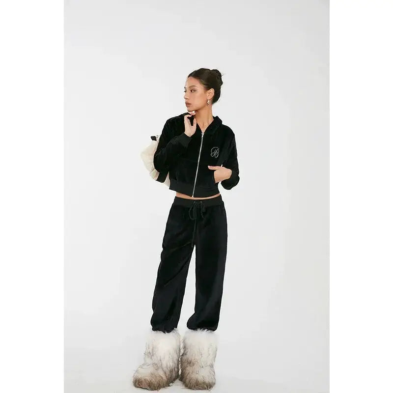Discoglam Black Rhinestone Velvet Suit Cardigan And Pants