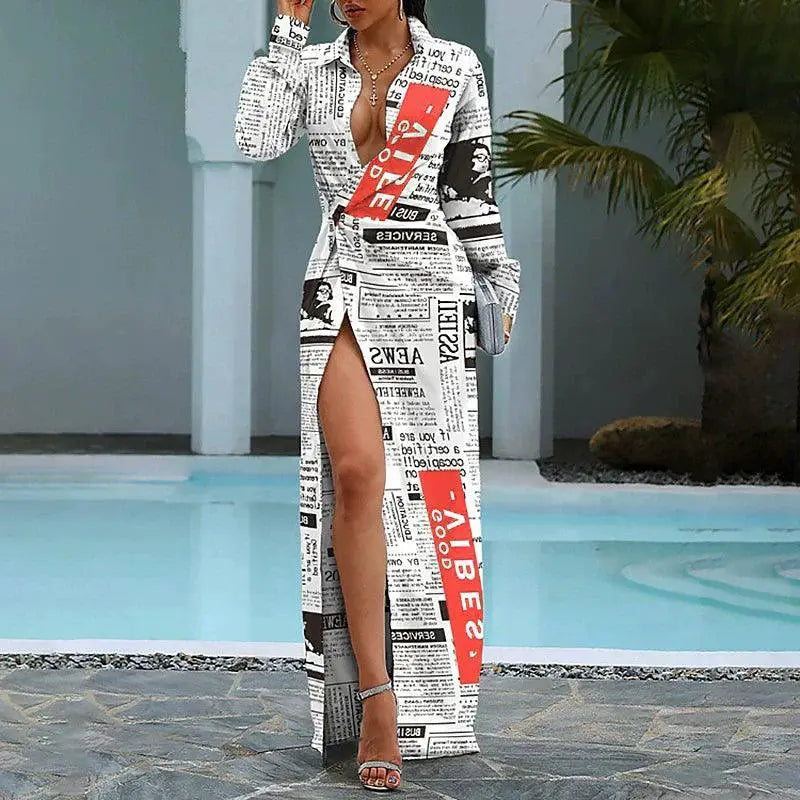 Seductive Shirt Dress High Slit Long Sleeve Party Ready