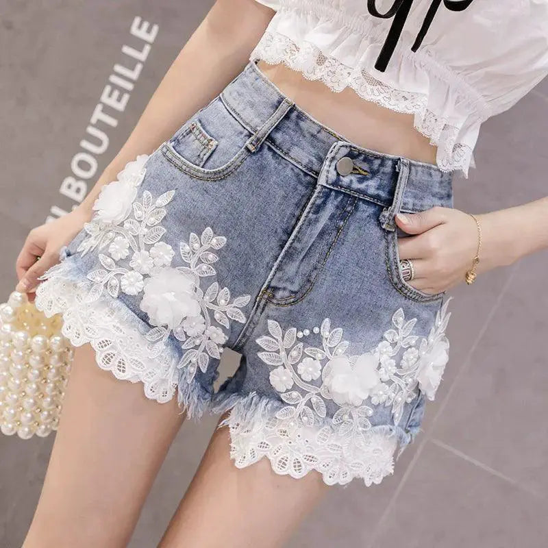 European Floral Embroidered Denim Shorts High Waist Summer