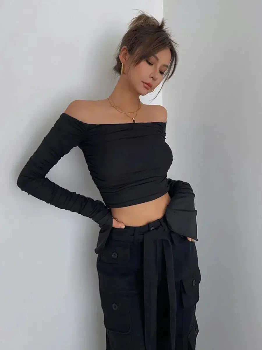 Elegant Mesh Yarn Off Shoulder Top For Autumn Fashion