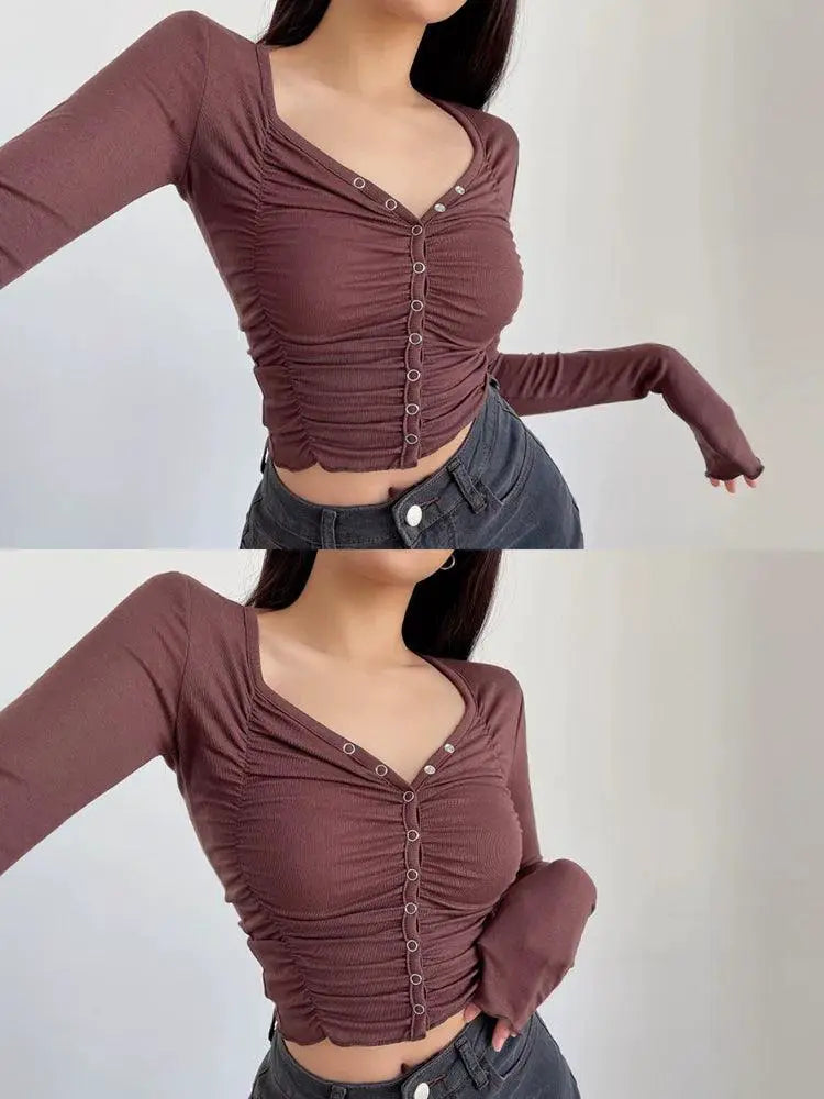 Liviahome Ruched V Neck Long Sleeve Shirt 2024 Fashion