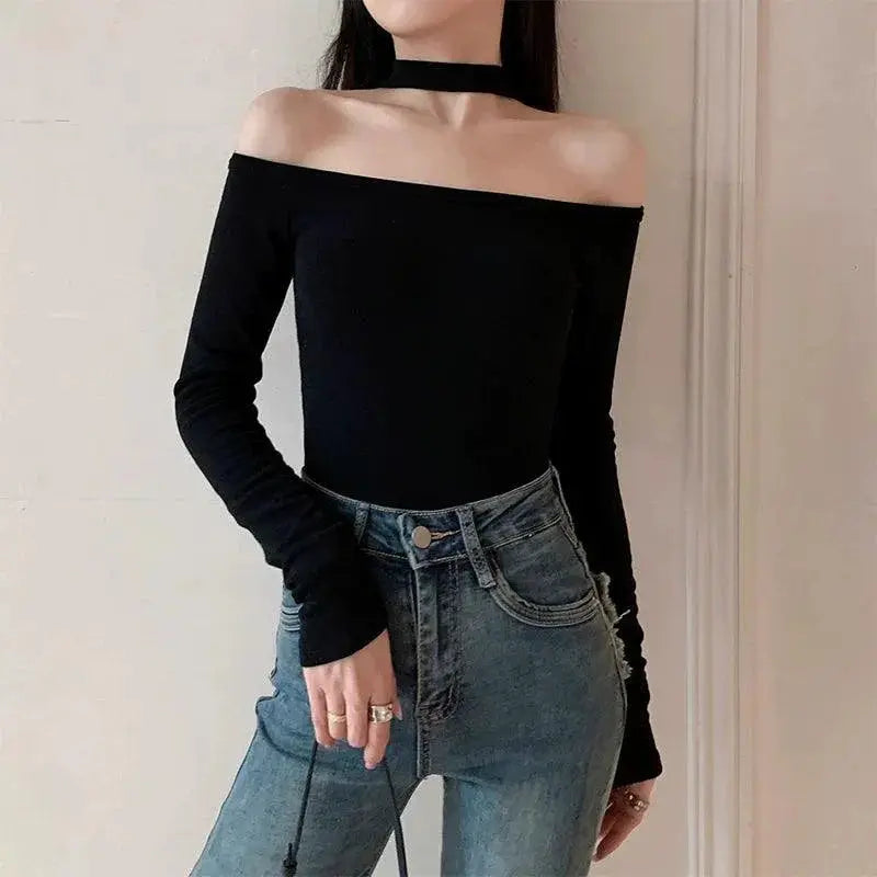 Halterneck Chic Black Hollow T Shirt For Modern Elegance