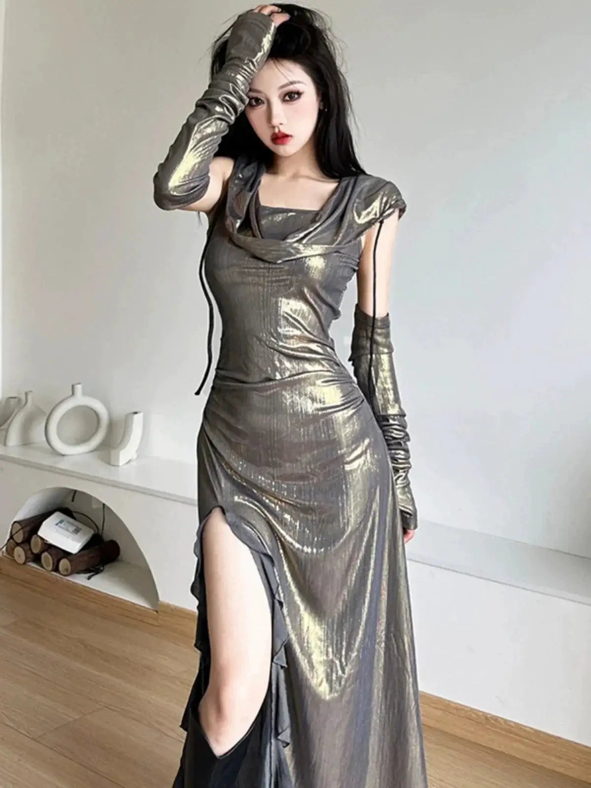 Kliou Glossy Swing Tie Dress for Elegant Summer Fashion