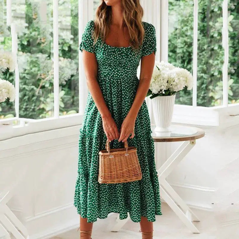 Floral Maxi Dress With Square Collar Spring Fashion