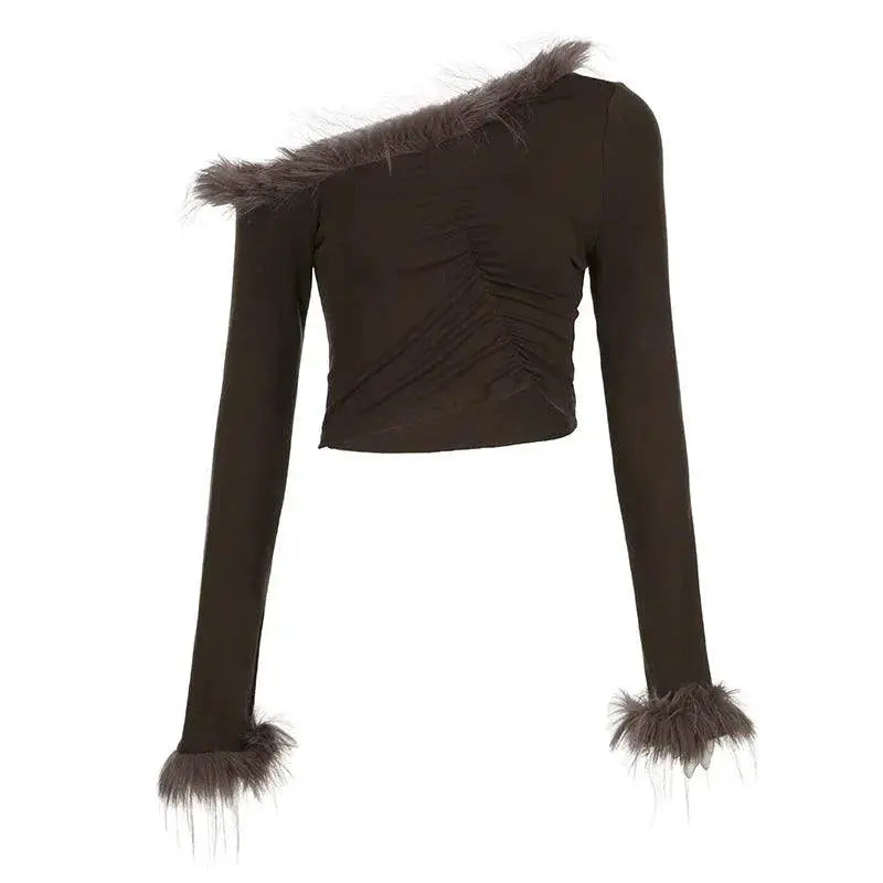 Retro Furry Patchwork One Shoulder T Shirt Autumn Style