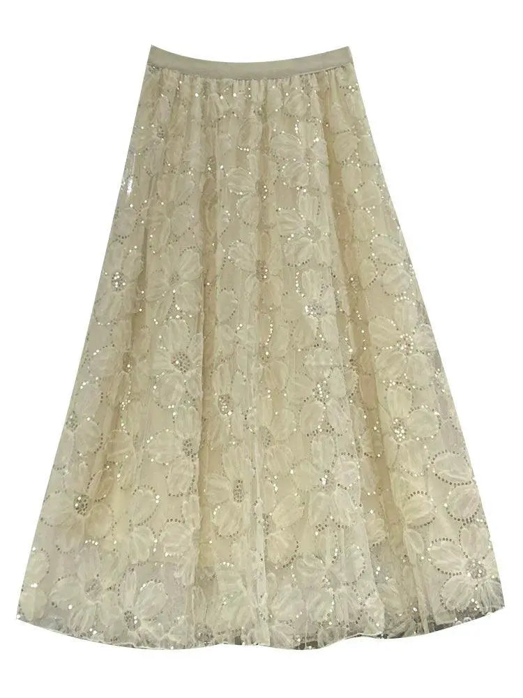 French Lace Flowers Tulle Skirt Sequin A Line Midi Long