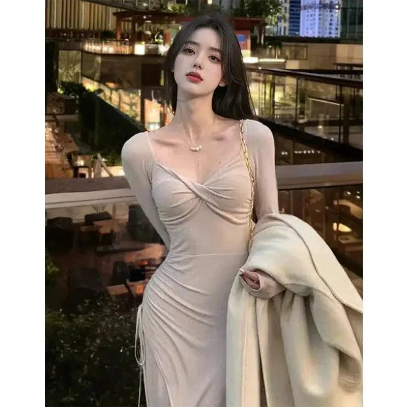 Goddess Vibes Beige Apricot Dress Elegant Autumn Chic