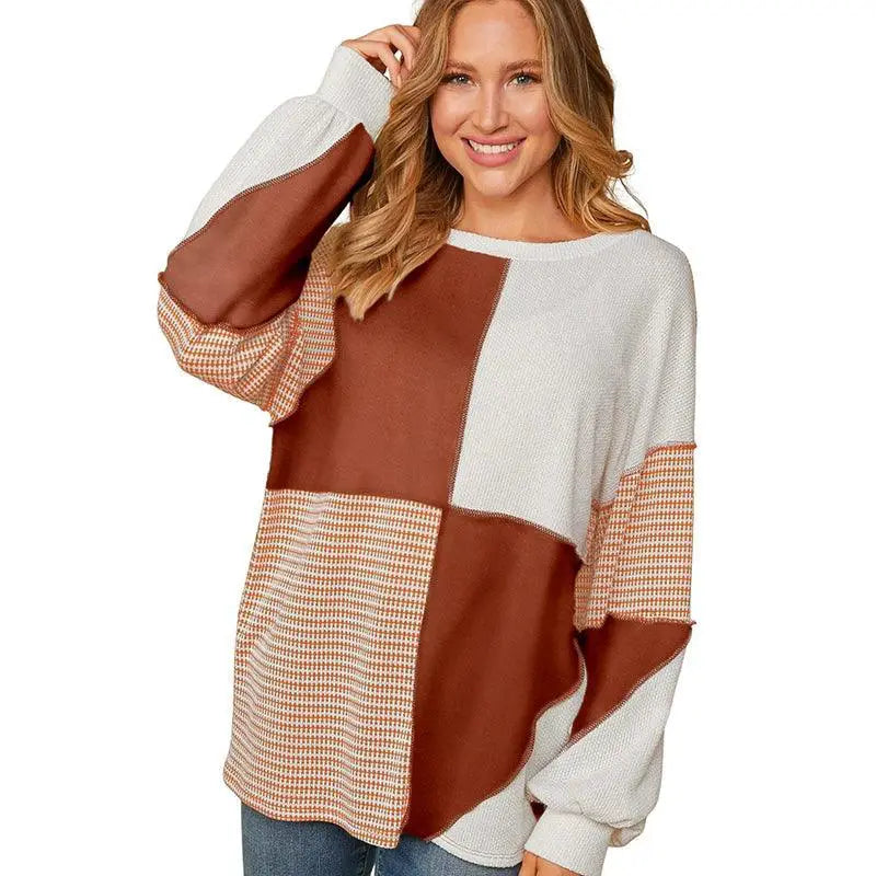 Women Color Block Patchwork Round Neck Pullover T Shirt
