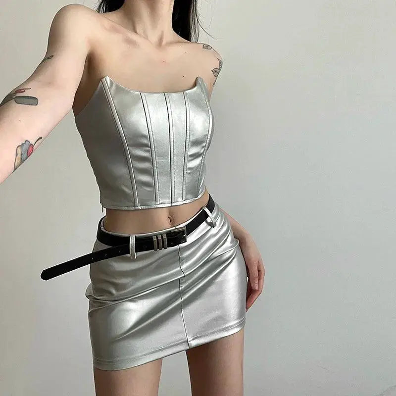Cool Patchwork Fishbone Tube Top Skirt Set Summer Fashion