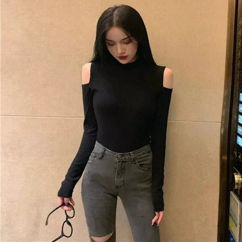 Elegant Korean Style Cold Shoulder Blouse Chic Autumn