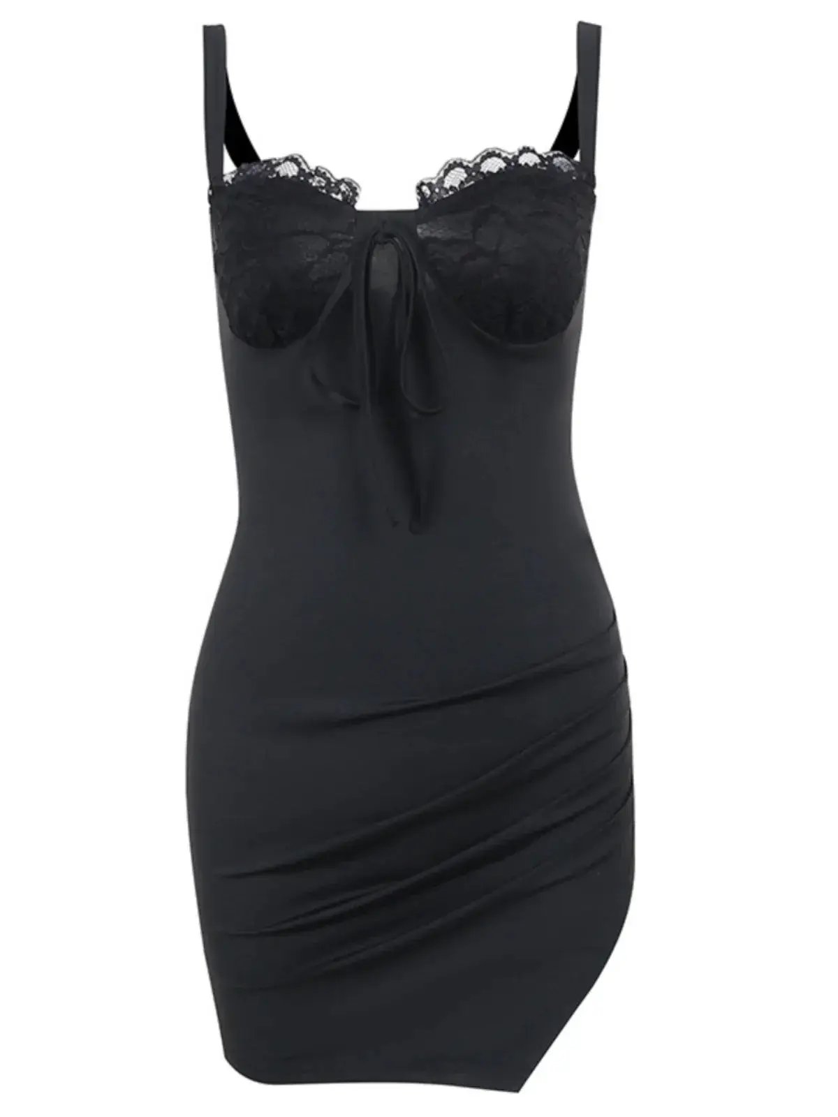 Split Spy Girl Strap Dress V Neck Lace Trim Slim Fit Slit - OurLum.com