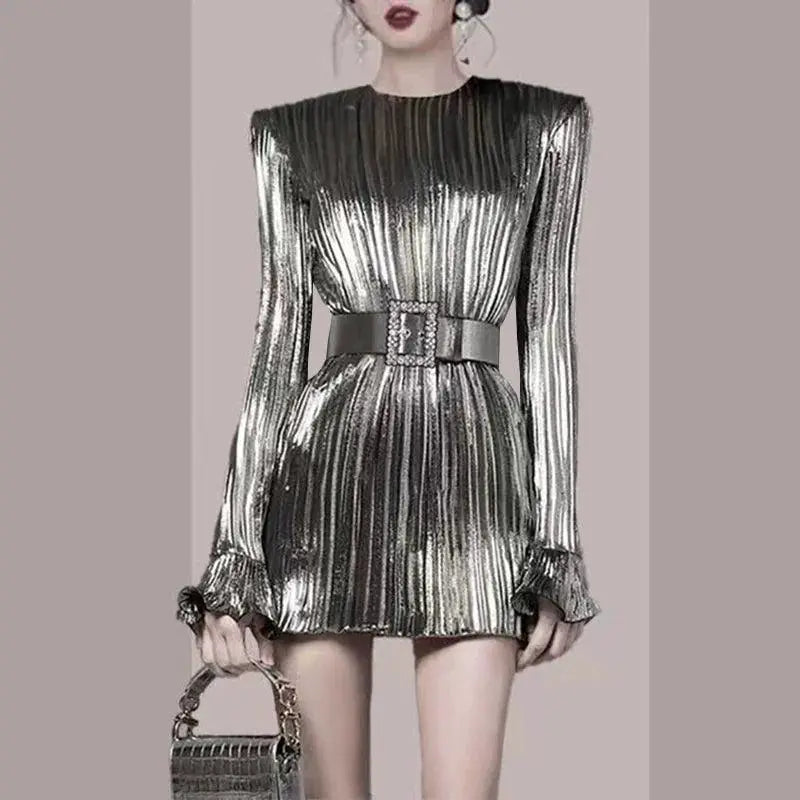 Luxurious Silver Pleated Dress For Fall Fashion Elegance