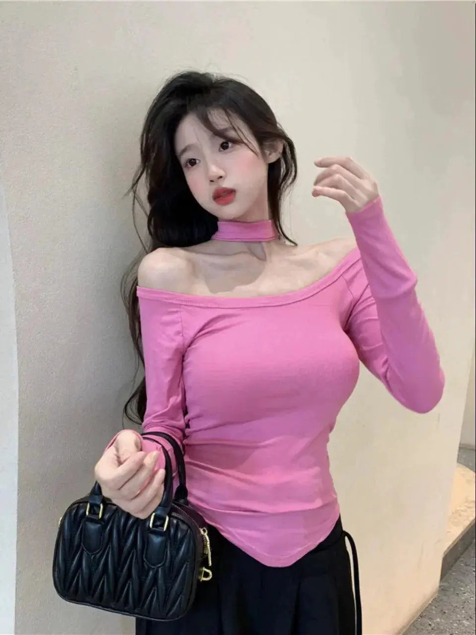 Autumn Pink Off-Shoulder Tee Chic Korean Style Top