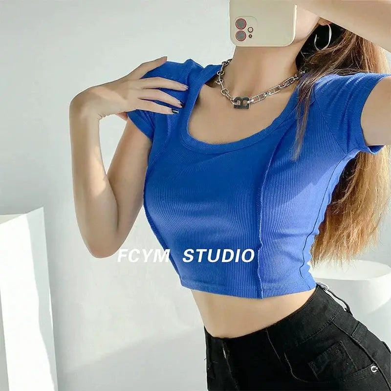 Retro Slim Tee Stylish Solid Color Short Sleeve Top