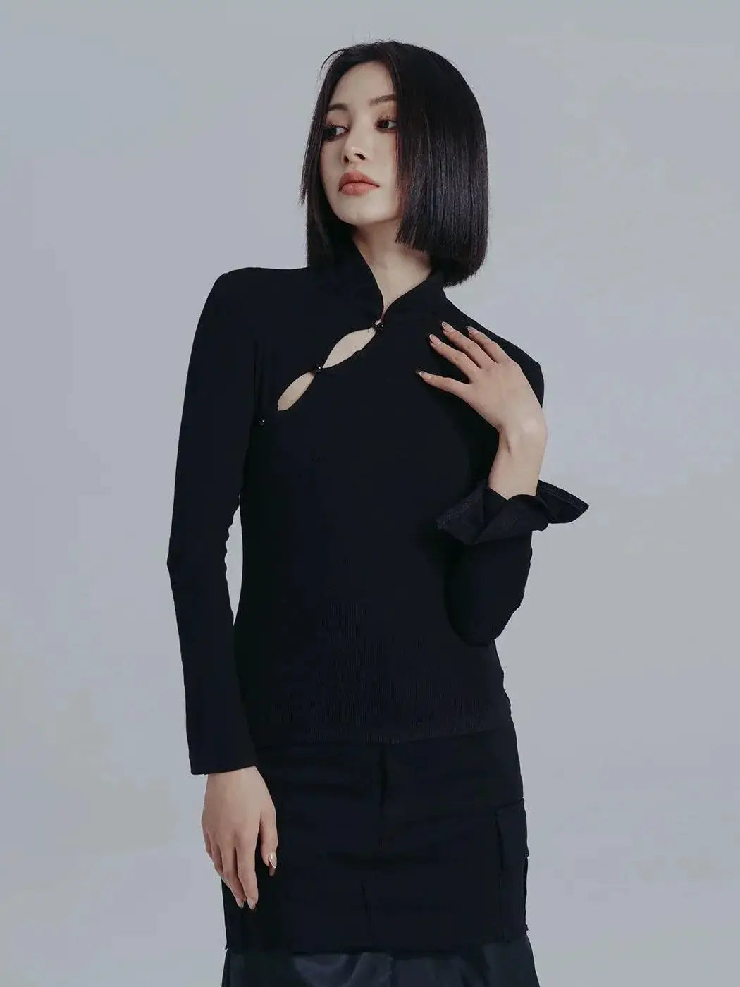Modern Black Standing Collar Cheongsam Dress Spring Fashion