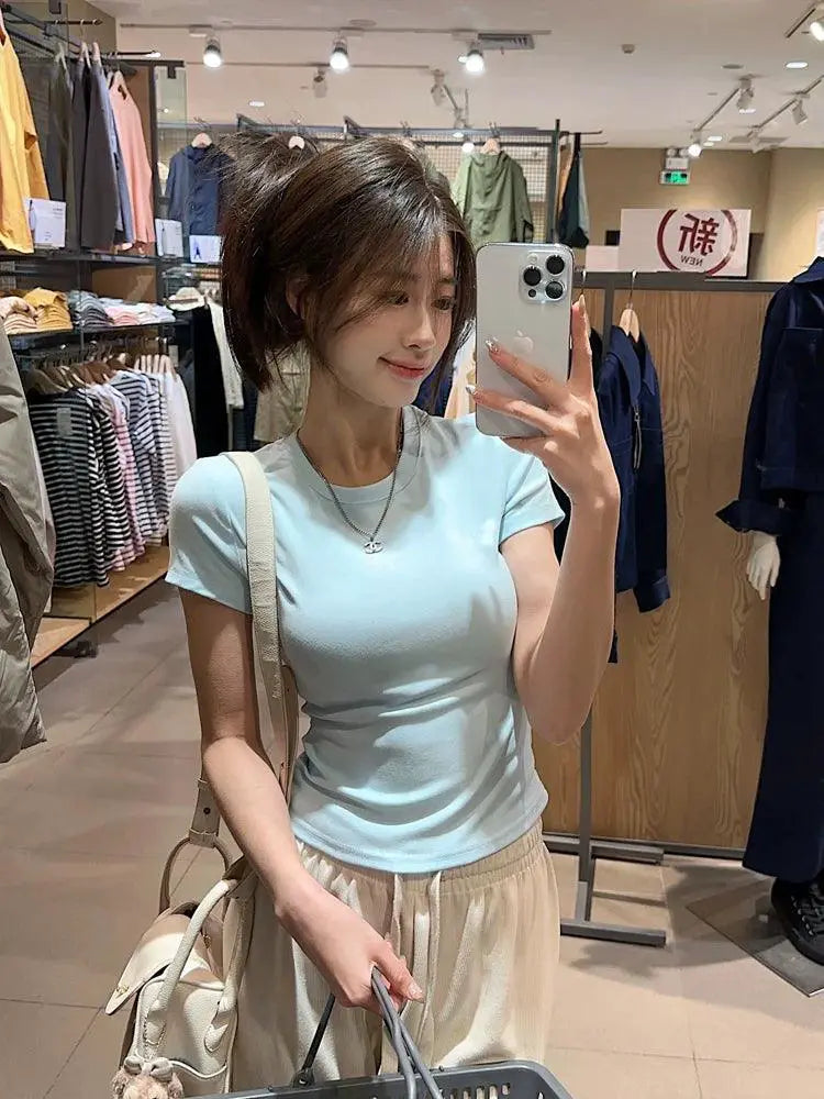 White Korean Style Slim Fit Short Sleeve Top Summer Fashion