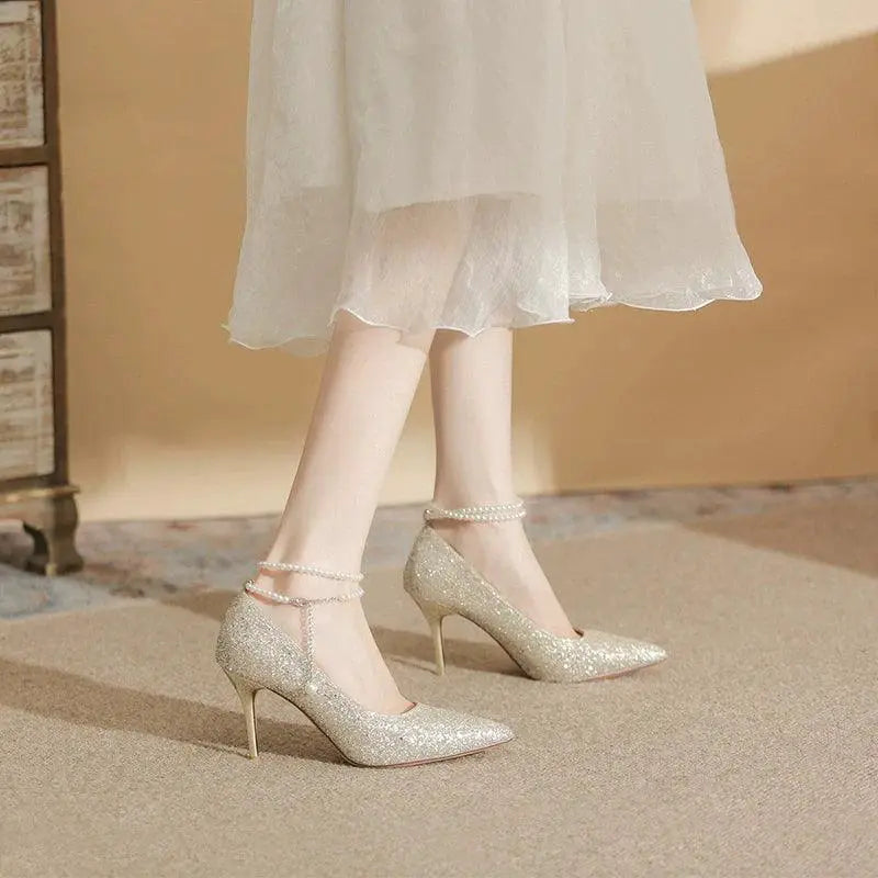 French Gold Ankle Strap High Heels For Elegant Parties