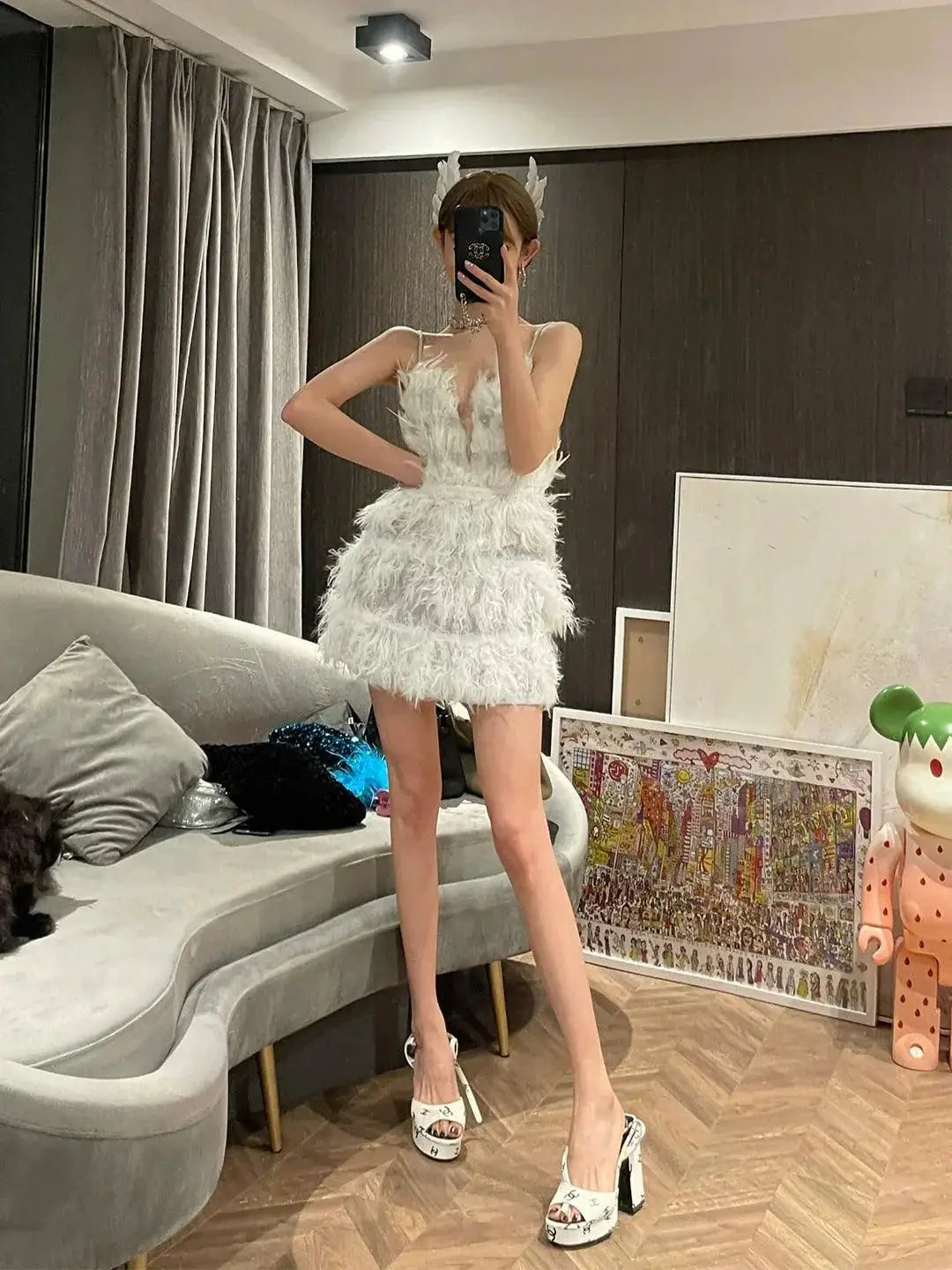 Chic Feather Backless Dress Glamorous Party Style Dress