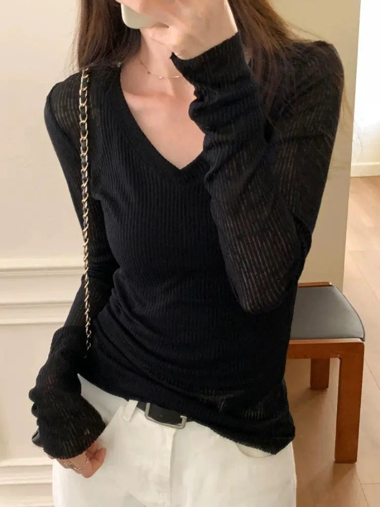 Gray V Neck Sheer Knit Shirt Niche Style Micro Transparent