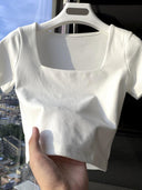 Sexy Top Tight White Short Sleeve Square Neck T-shirt