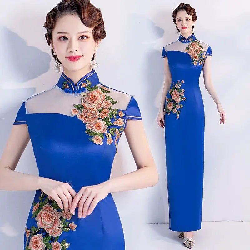 Blue Chinese Bride Evening Gown for Elegant Banquets Events