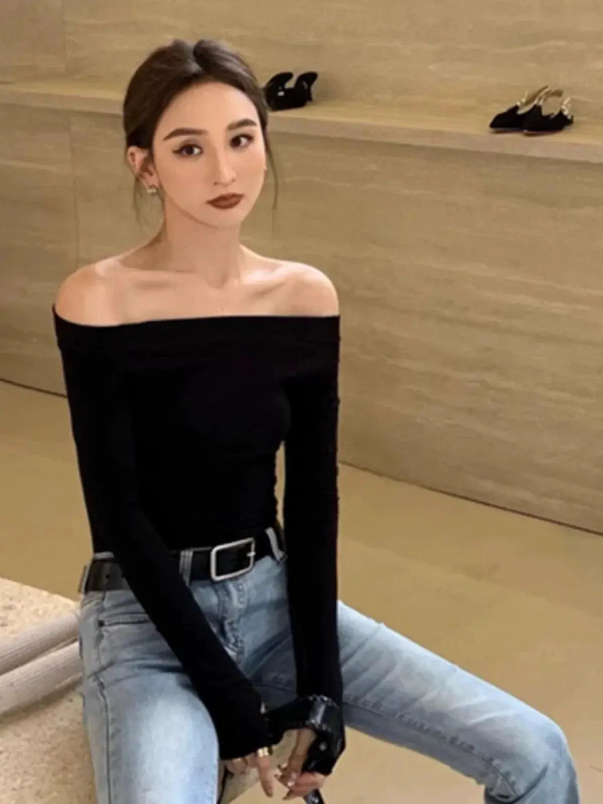 Chantilly Black French Style Off Shoulder Top Autumn Fashion