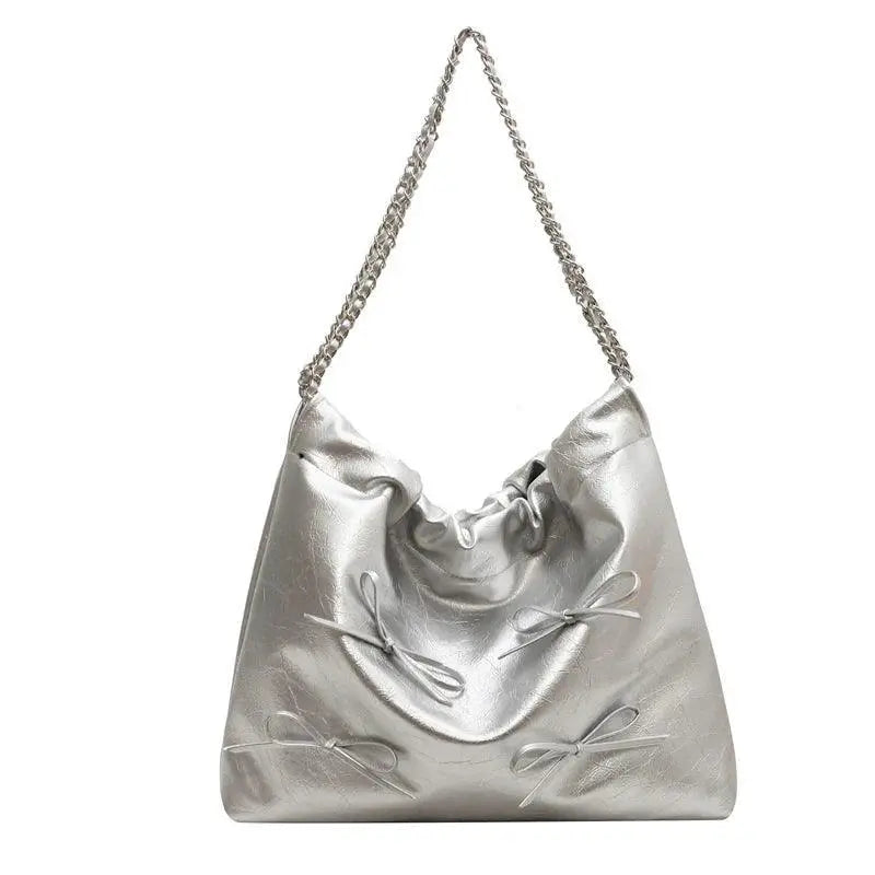 Silver Bow Tote Bag Chic PU Shoulder Bag With Bow Detail