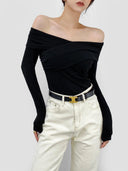 Stylish Cross-Pleated V-neck Off-Shoulder Knitwear Chic Elegance