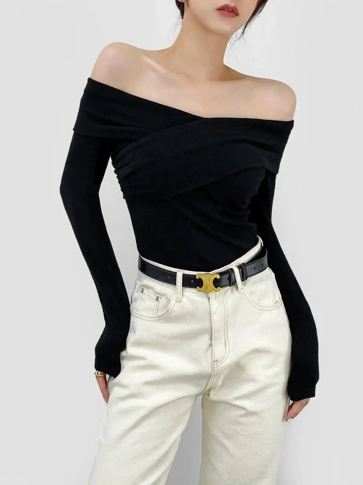 Cross Pleated V Neck Off Shoulder Knitwear Chic Elegance