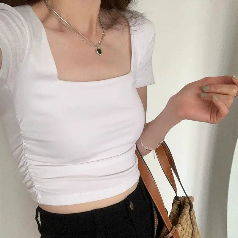 Apricot Square Collar Pleated Top Elegant Korean Style