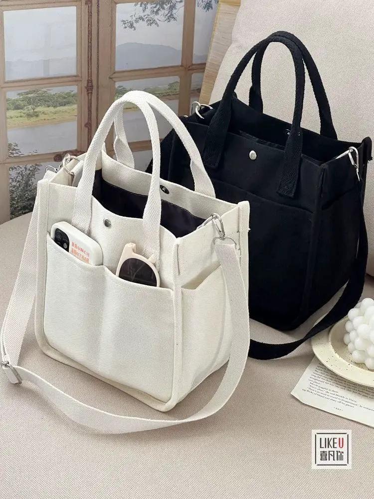 Canvas Tote Bag Chic Multi Pocket Carryall With Strap