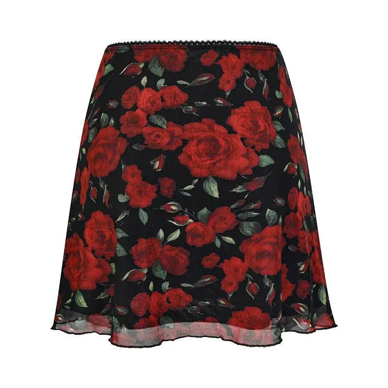 Vintage Rose Print A Line Skirt Retro Floral Elegance
