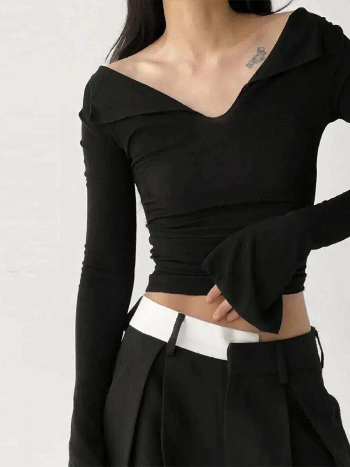 French Chic V Neck Long Sleeve Top Streetwear Sophistication