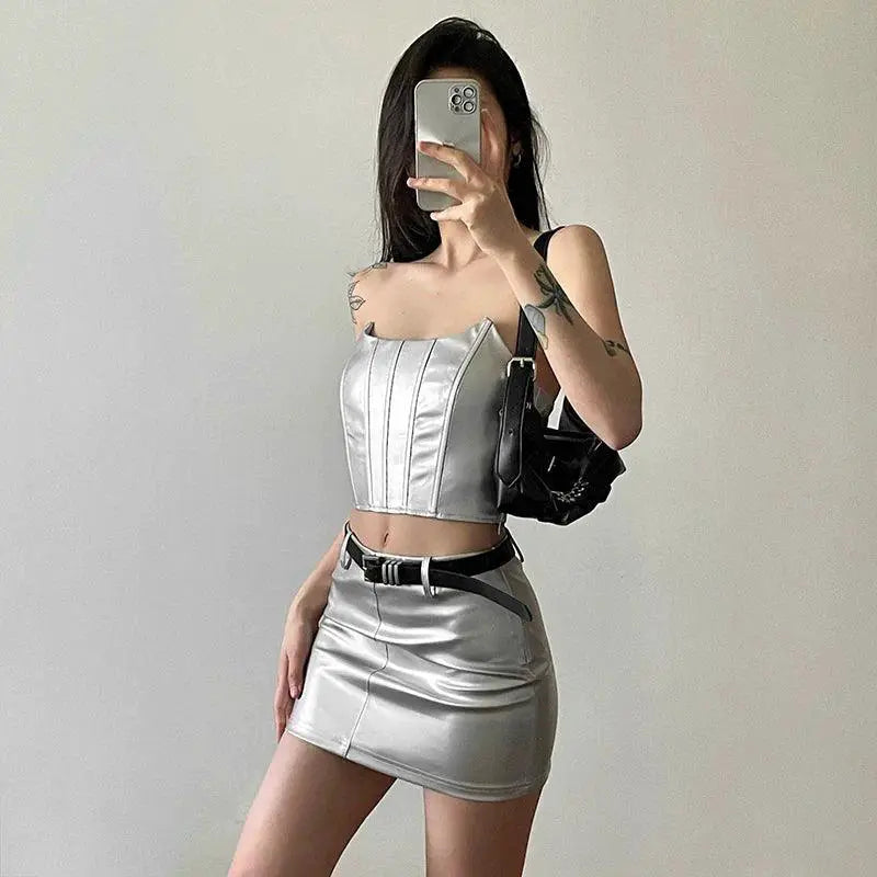 Cool Patchwork Fishbone Tube Top Skirt Set Summer Fashion