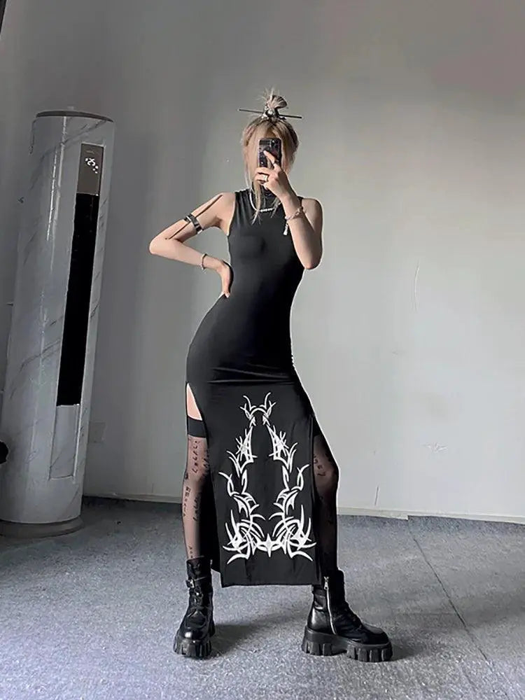 Elegant Dark Turtleneck Split Dress Sleeveless Chic Modern