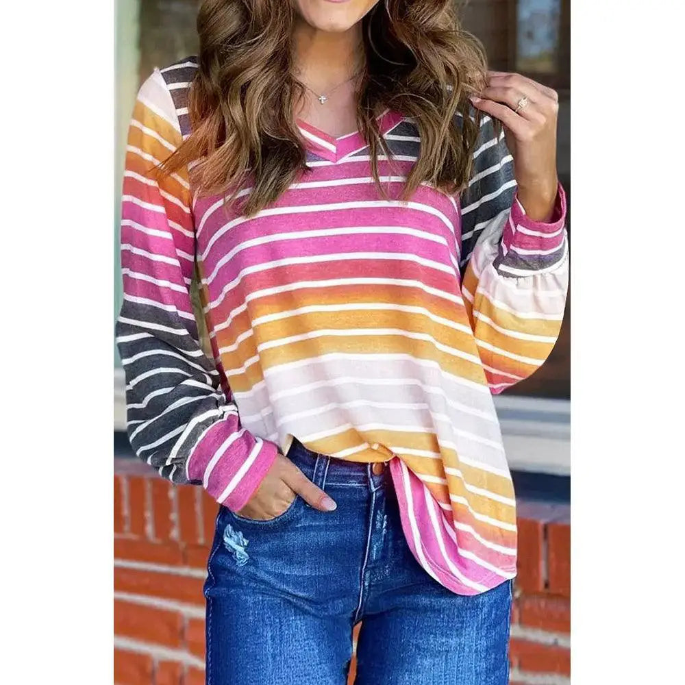 Fall Winter Color Stripes Thin V Neck Long Sleeves T Shirt
