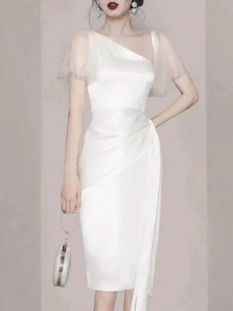 Autumn Elegance Korean Chic Oblique Collar Dress Style