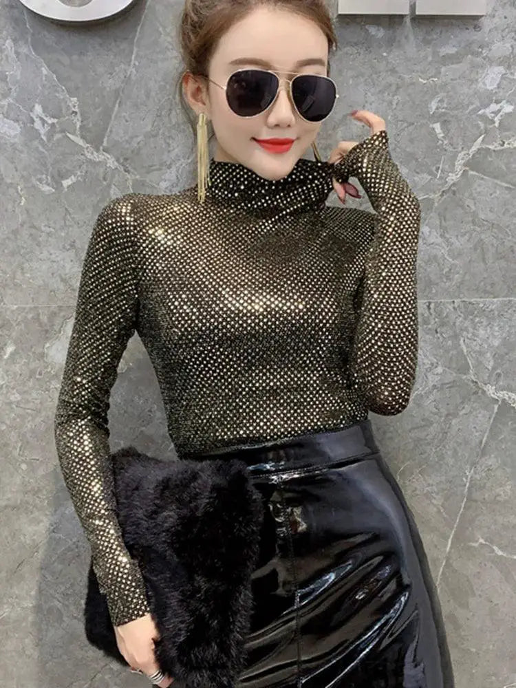 European Chic Sequin Turtleneck Shirt For Autumn Fashion