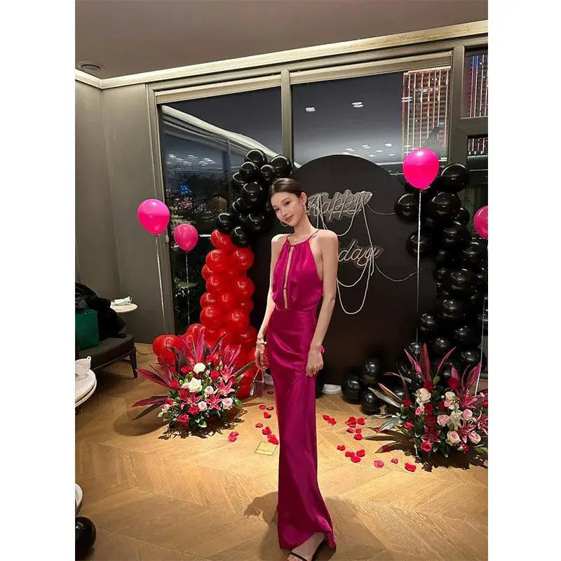 Dragon Fruit Halter Dress Elegant Sleeveless Partywear