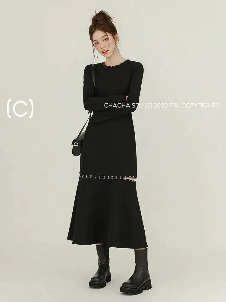 Fashionable Black Long Sleeve Versatile A Line Dress Autumn