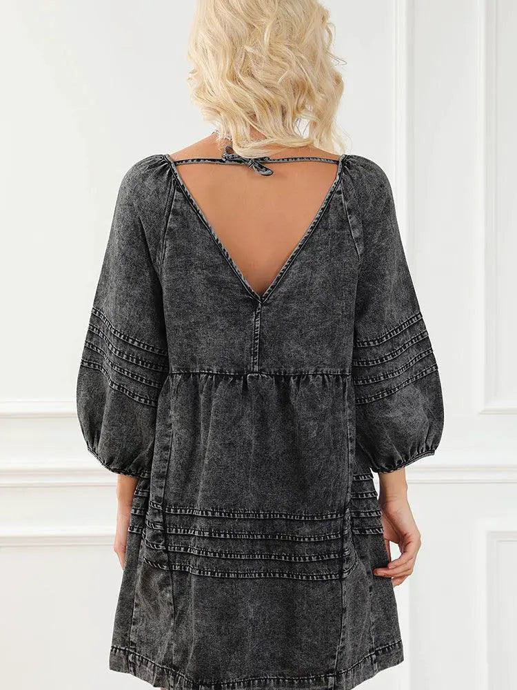 New V Neck Denim Knee Length Skirt Open Back Loose Pullover