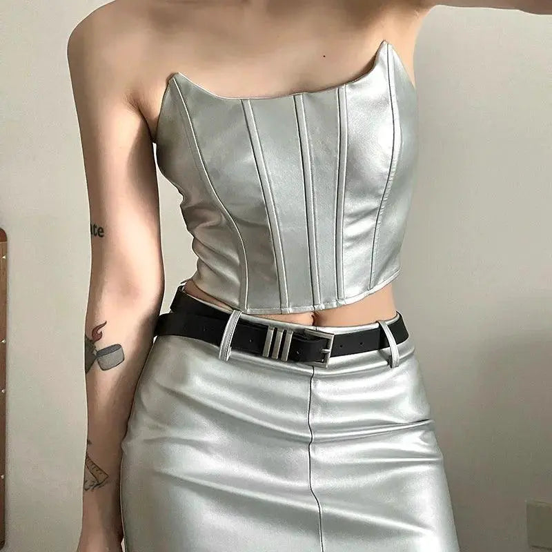 Cool Patchwork Fishbone Tube Top Skirt Set Summer Fashion