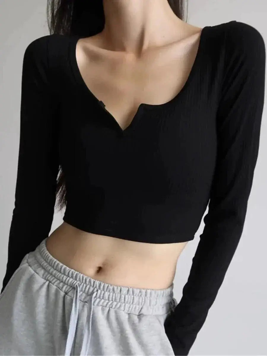 Sexy Black V Neck Midriff Baring T Shirt Chic Design