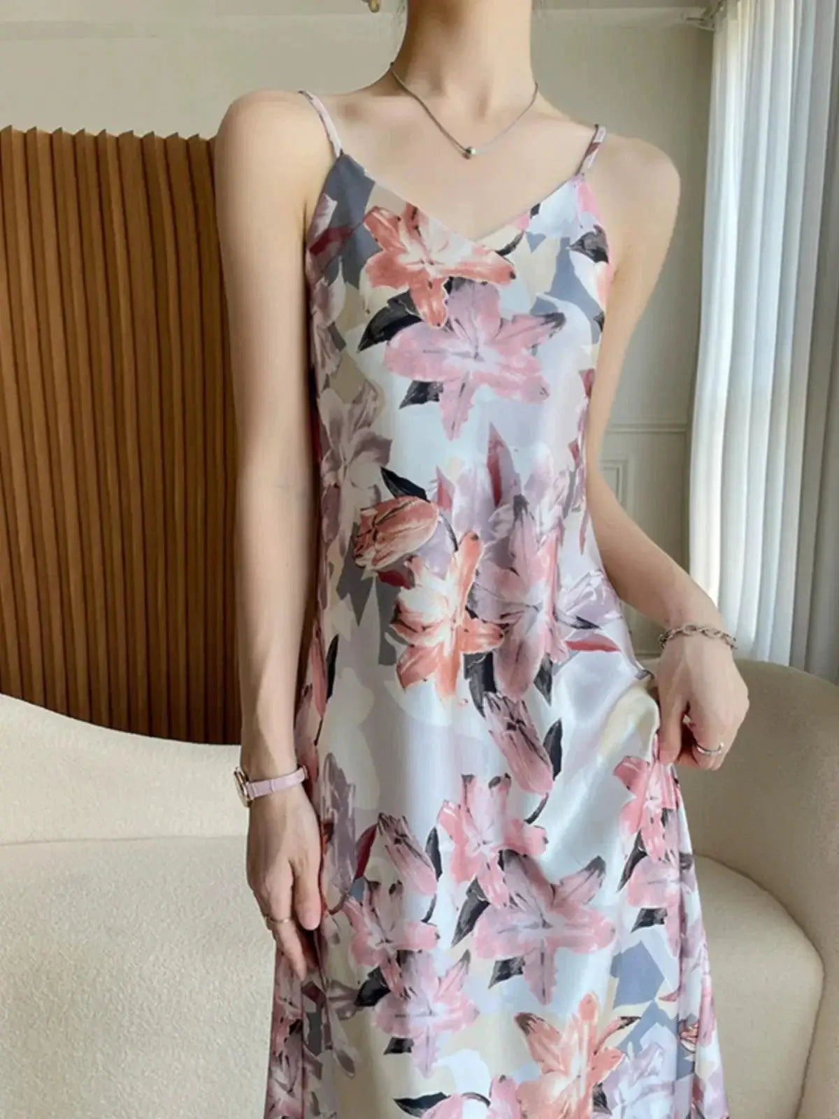 Silk Floral Sling Dress Elegant French Design for Women
