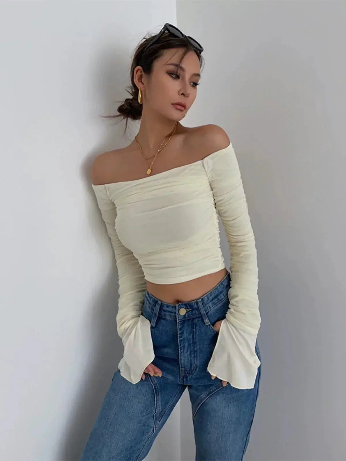Elegant Mesh Yarn Off Shoulder Top For Autumn Fashion